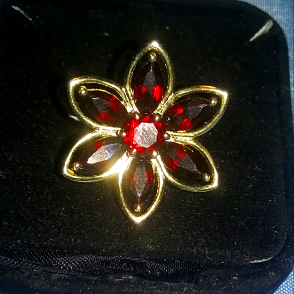 Genuine Huge Garnets Flower Power Gold & .925 Stamped Ring Size 6